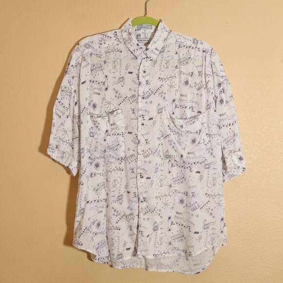 Generra Scribbles White Rayon Button Up (M) - Picture 1 of 14
